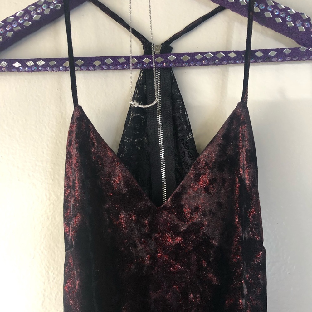 Burgundy suede dress open back.